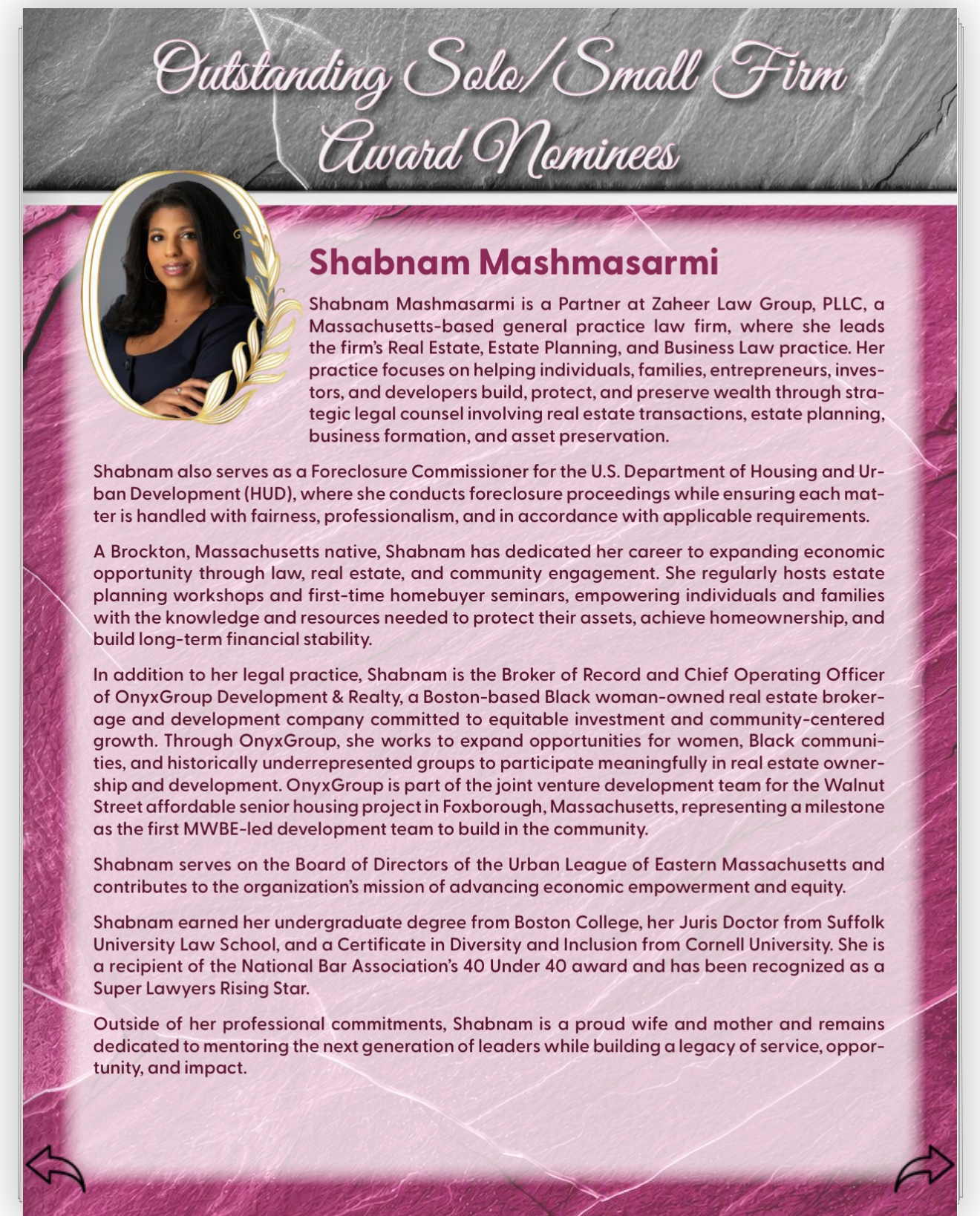Shabnam Mashmasarmi, Partner at Zaheer Law Group, Outstanding Solo/Small Firm Award nominee